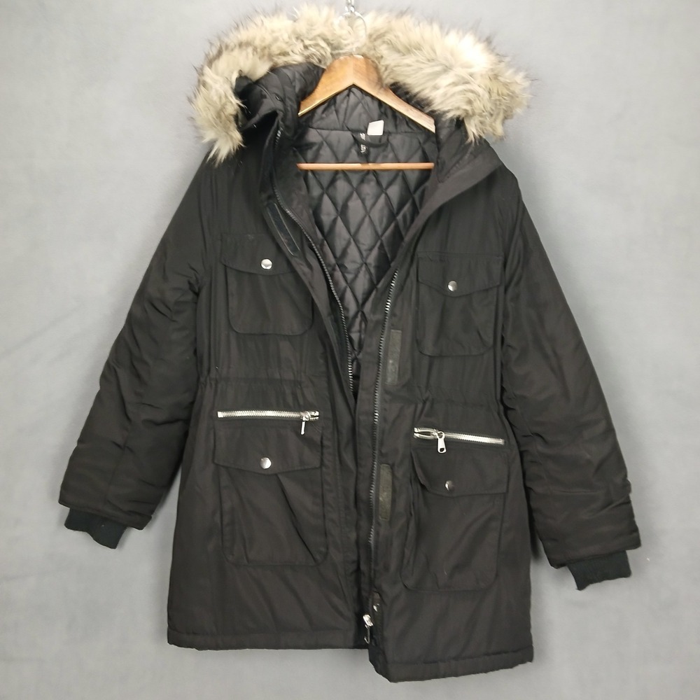 H&M Divided Parka Coat Women Medium Black Lined Removable Faux Fur Collar Winter